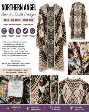 Northern Angel Geometric Duster Cardigan Longline Open Front Boho Chic